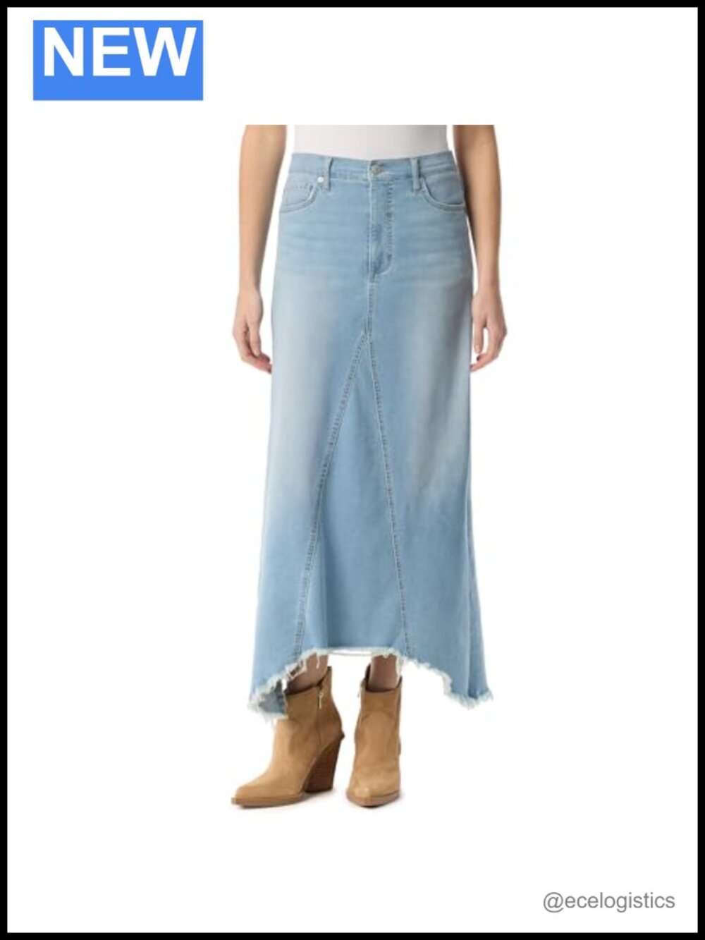 Mid Rise Denim Maxi Skirt with Front Zip, Belt Loops & 5 Pockets